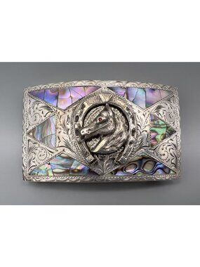 Vintage ALC Guadalajara Mexico 925 Silver Horse Abalone Etched Belt Buckle 96g